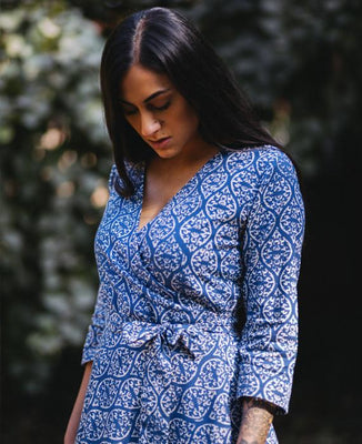 Hand Block Printed Cotton Wrap Dress in Blue - Mogra Designs